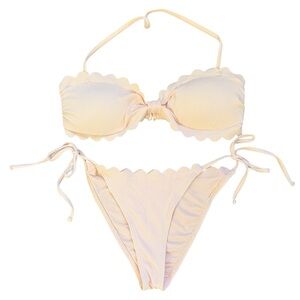 Scalloped Textured Bikini Set XS Pink Bandeau Top Tie Bottoms Cottage Swim Beach